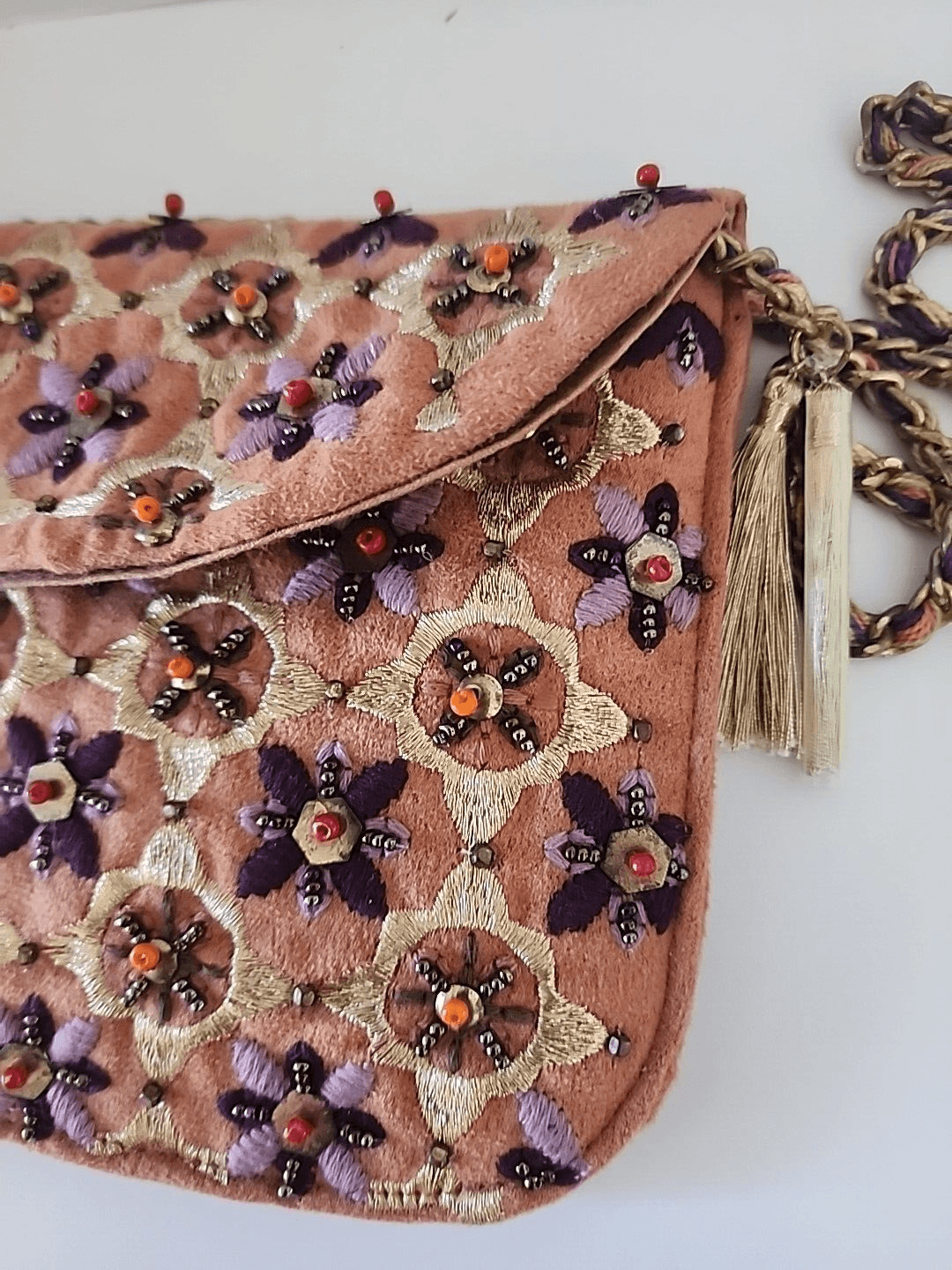 Camel Brown Beaded Embroidered Flower Purse Crossbody Chain Tassels India NWOT - Thumbnail 7