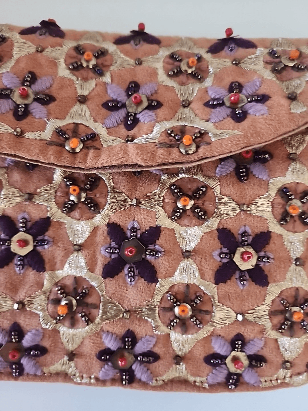 Camel Brown Beaded Embroidered Flower Purse Crossbody Chain Tassels India NWOT - Thumbnail 6