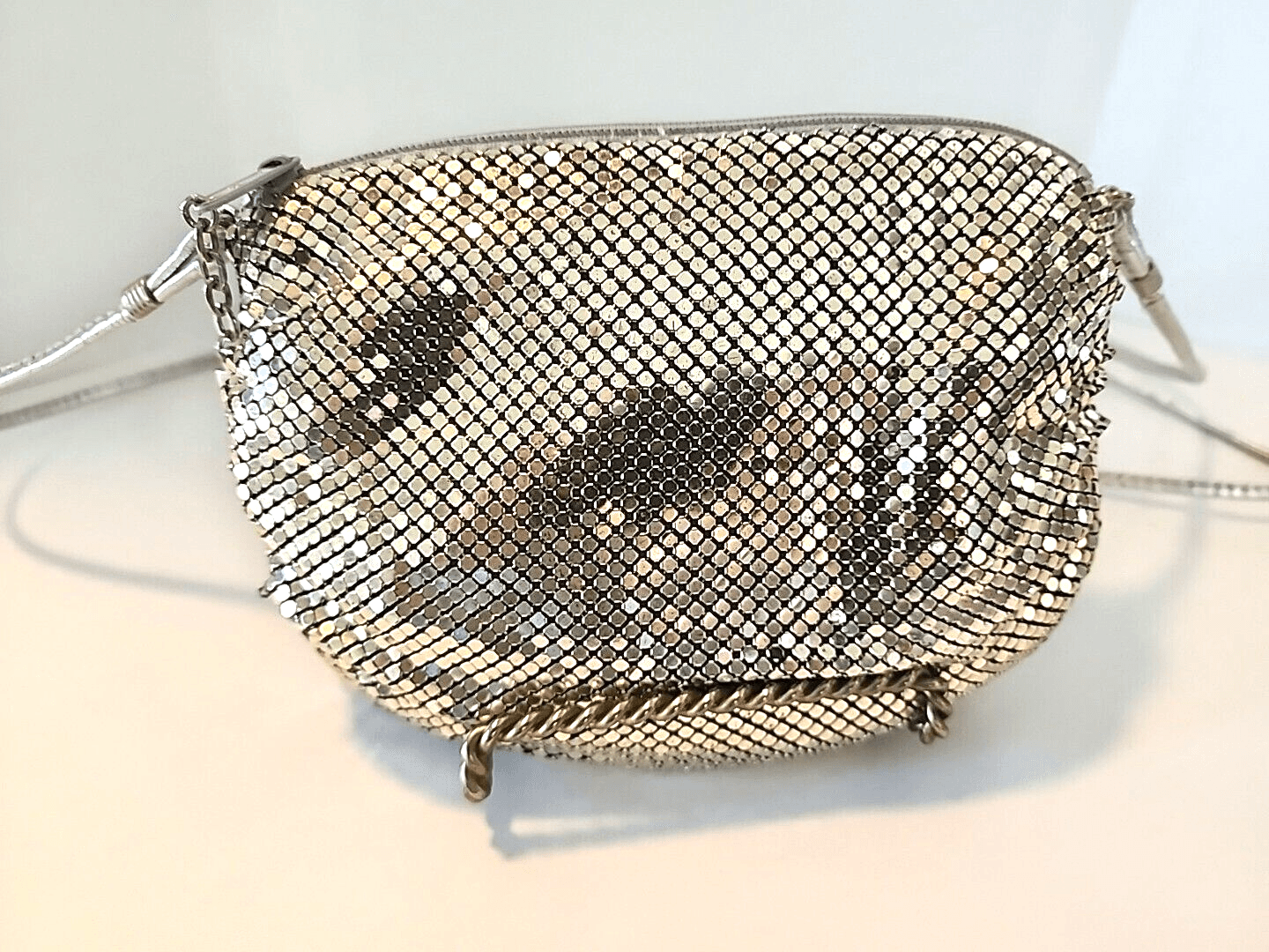 Whiting and Davis Silver Mesh Disco Vintage Purse Crossbody Over Shoulder