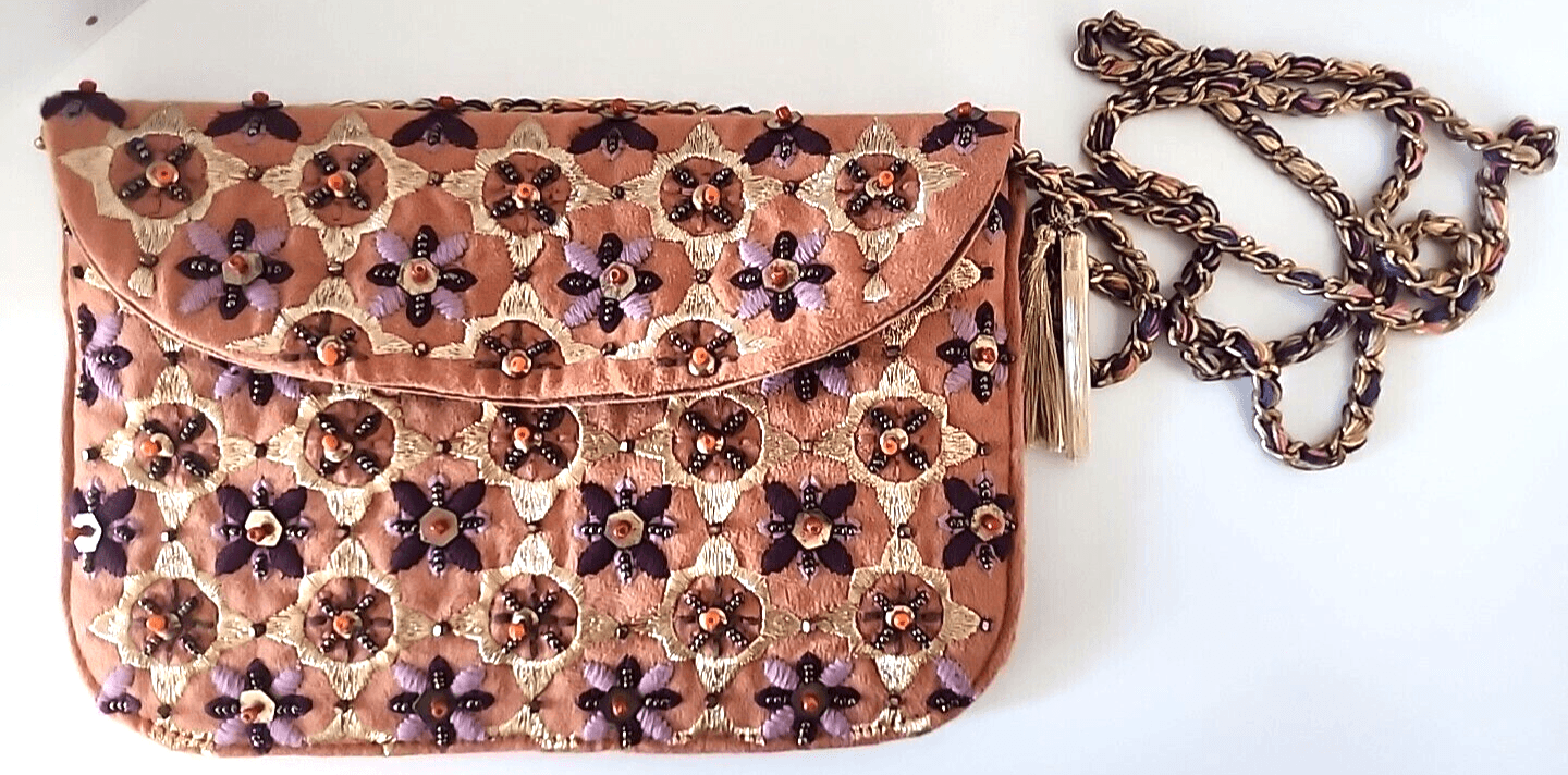 Camel Brown Beaded Embroidered Flower Purse Crossbody Chain Tassels India NWOT - Thumbnail 3
