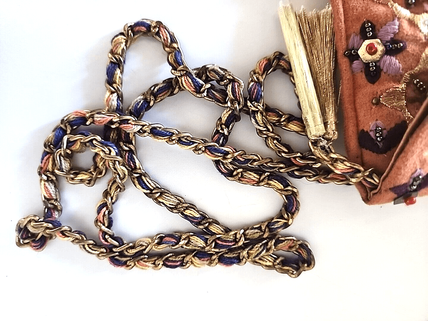 Camel Brown Beaded Embroidered Flower Purse Crossbody Chain Tassels India NWOT - Thumbnail 8