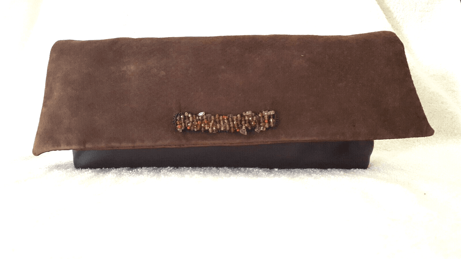 Jophiel Designer Brown Leather Clutch Beaded Accent Suede Flap Magnetic Closure