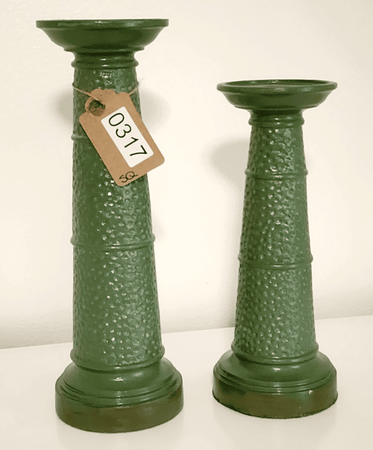 Set of 2 Handpainted Green Tall Candle Stands Dimpled Taper Option