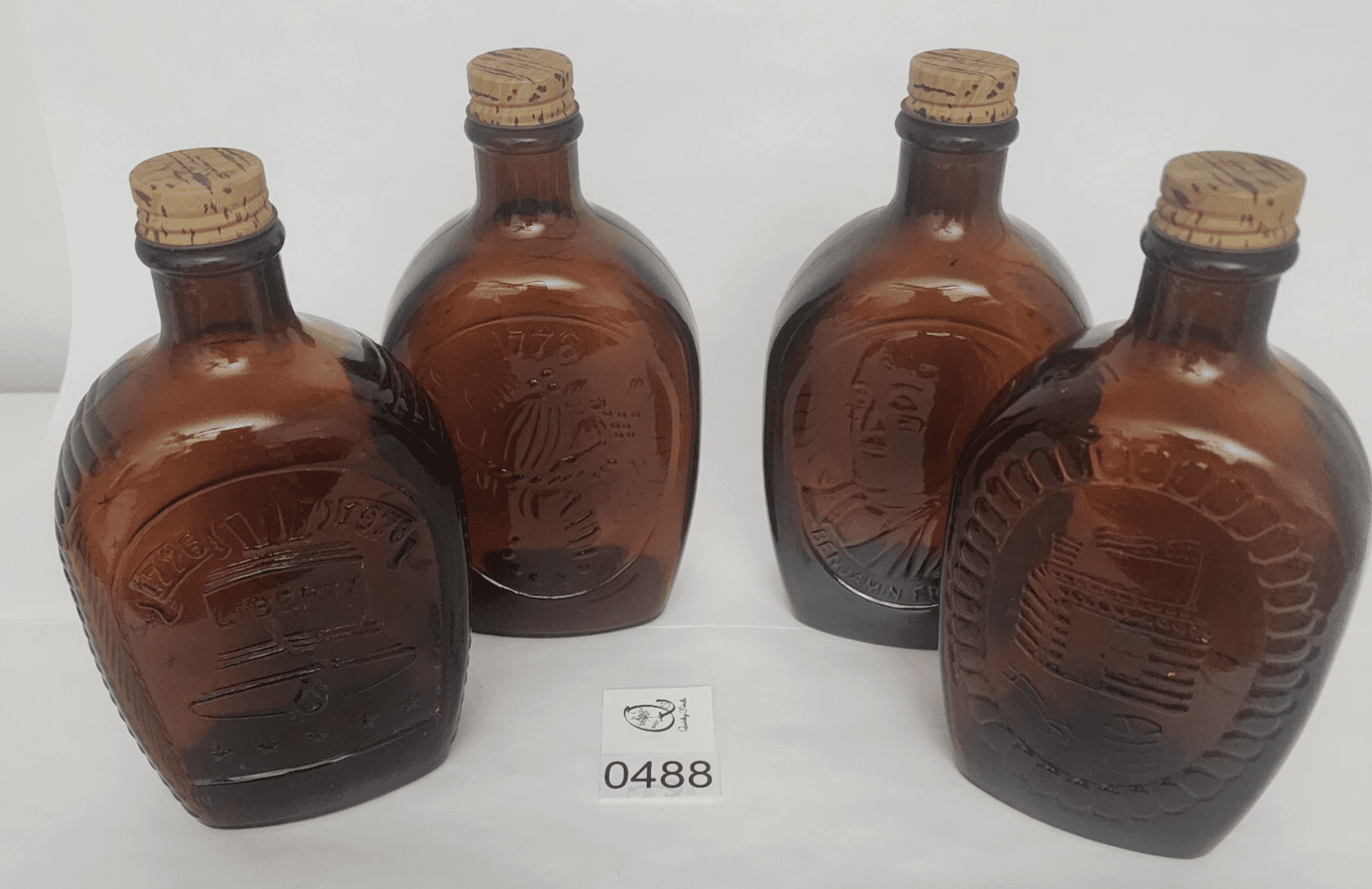 Set of 4 1776 Bicentennial Log Cabin Maple Syrup Amber Glass Bottles Vintage