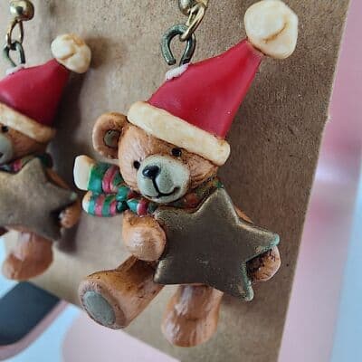Christmas Bear Resin Earrings Santa Hat Stars Scarf Dangle 3 Dimensional Brown - Thumbnail 6