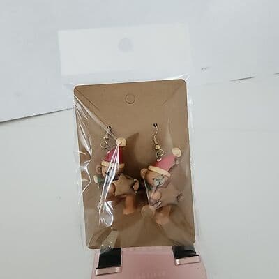 Christmas Bear Resin Earrings Santa Hat Stars Scarf Dangle 3 Dimensional Brown - Thumbnail 2