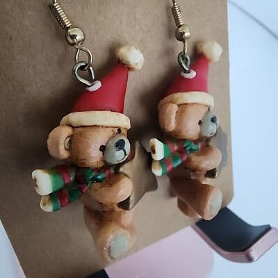 Christmas Bear Resin Earrings Santa Hat Stars Scarf Dangle 3 Dimensional Brown - Thumbnail 4