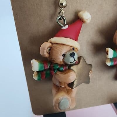 Christmas Bear Resin Earrings Santa Hat Stars Scarf Dangle 3 Dimensional Brown - Thumbnail 5