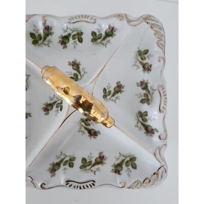 Norcrest Vintage Nut Candy Dish Rose Buds Gold Accents Handle 4 Sections - Thumbnail 6