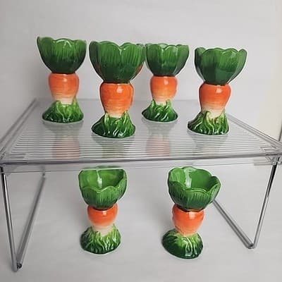 SIX Orange Green Carrot Ceramic Egg Holders Cottontale Filigree Easter 1990's - Thumbnail 2