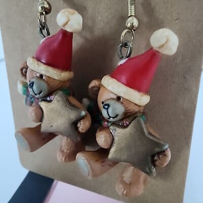 Christmas Bear Resin Earrings Santa Hat Stars Scarf Dangle 3 Dimensional Brown - Thumbnail 7