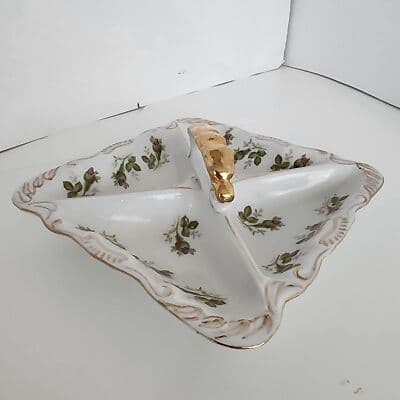 Norcrest Vintage Nut Candy Dish Rose Buds Gold Accents Handle 4 Sections - Thumbnail 2