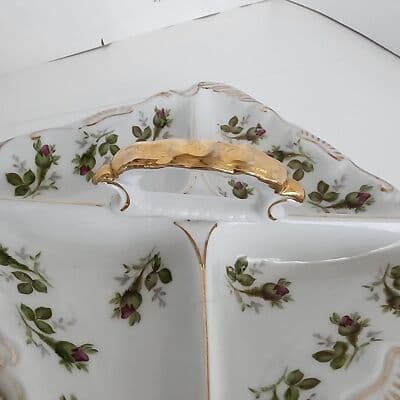 Norcrest Vintage Nut Candy Dish Rose Buds Gold Accents Handle 4 Sections - Thumbnail 5