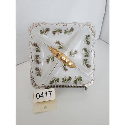 Norcrest Vintage Nut Candy Dish Rose Buds Gold Accents Handle 4 Sections