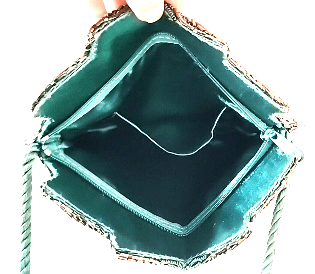 Vintage Peacock Blue Evening Bag Turquoise Blue Gold Beaded 1980s - Thumbnail 9