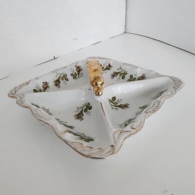 Norcrest Vintage Nut Candy Dish Rose Buds Gold Accents Handle 4 Sections - Thumbnail 4