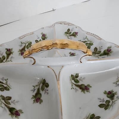Norcrest Vintage Nut Candy Dish Rose Buds Gold Accents Handle 4 Sections - Thumbnail 8
