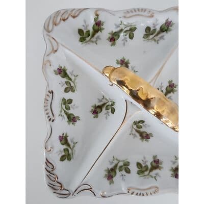 Norcrest Vintage Nut Candy Dish Rose Buds Gold Accents Handle 4 Sections - Thumbnail 3