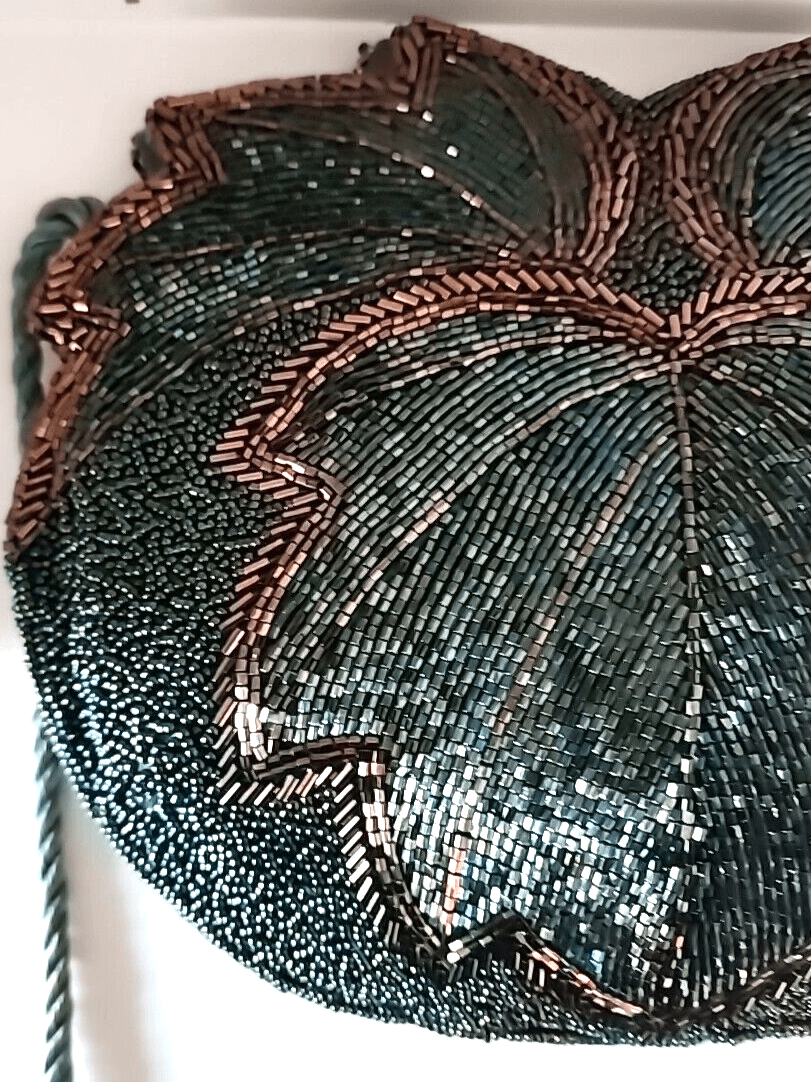 Vintage Peacock Blue Evening Bag Turquoise Blue Gold Beaded 1980s - Thumbnail 6
