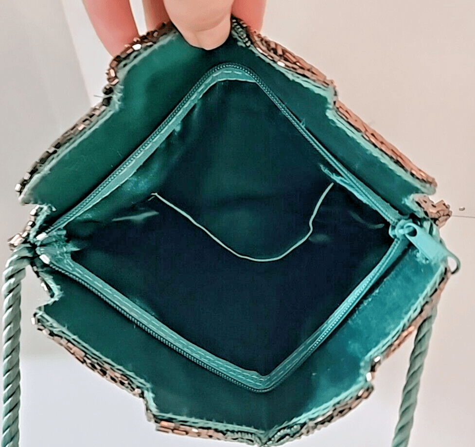 Vintage Peacock Blue Evening Bag Turquoise Blue Gold Beaded 1980s - Thumbnail 10