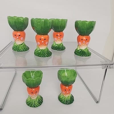 SIX Orange Green Carrot Ceramic Egg Holders Cottontale Filigree Easter 1990's
