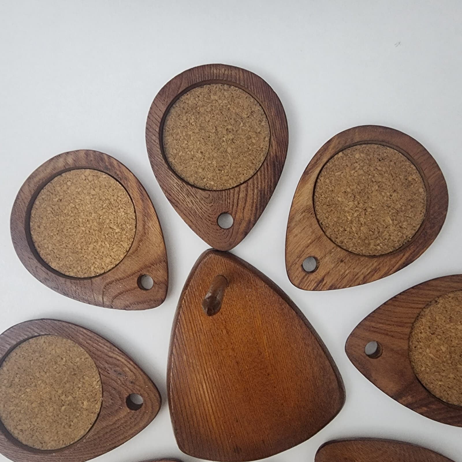 8 Hand carved Teardrop Hardwood Cork Coasters Stand Brown JapanSere Wood Stamped - Thumbnail 17