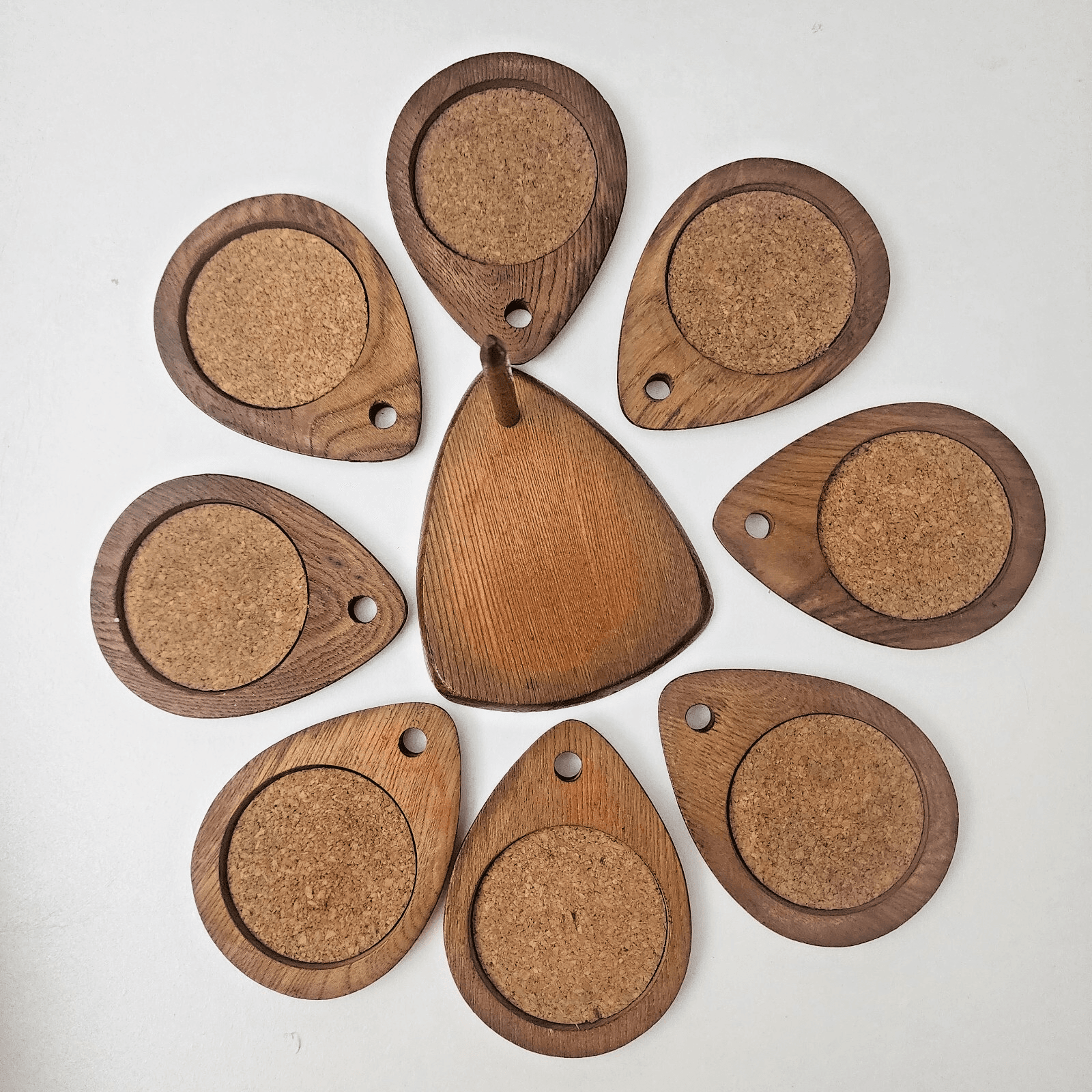 8 Hand carved Teardrop Hardwood Cork Coasters Stand Brown JapanSere Wood Stamped - Thumbnail 7