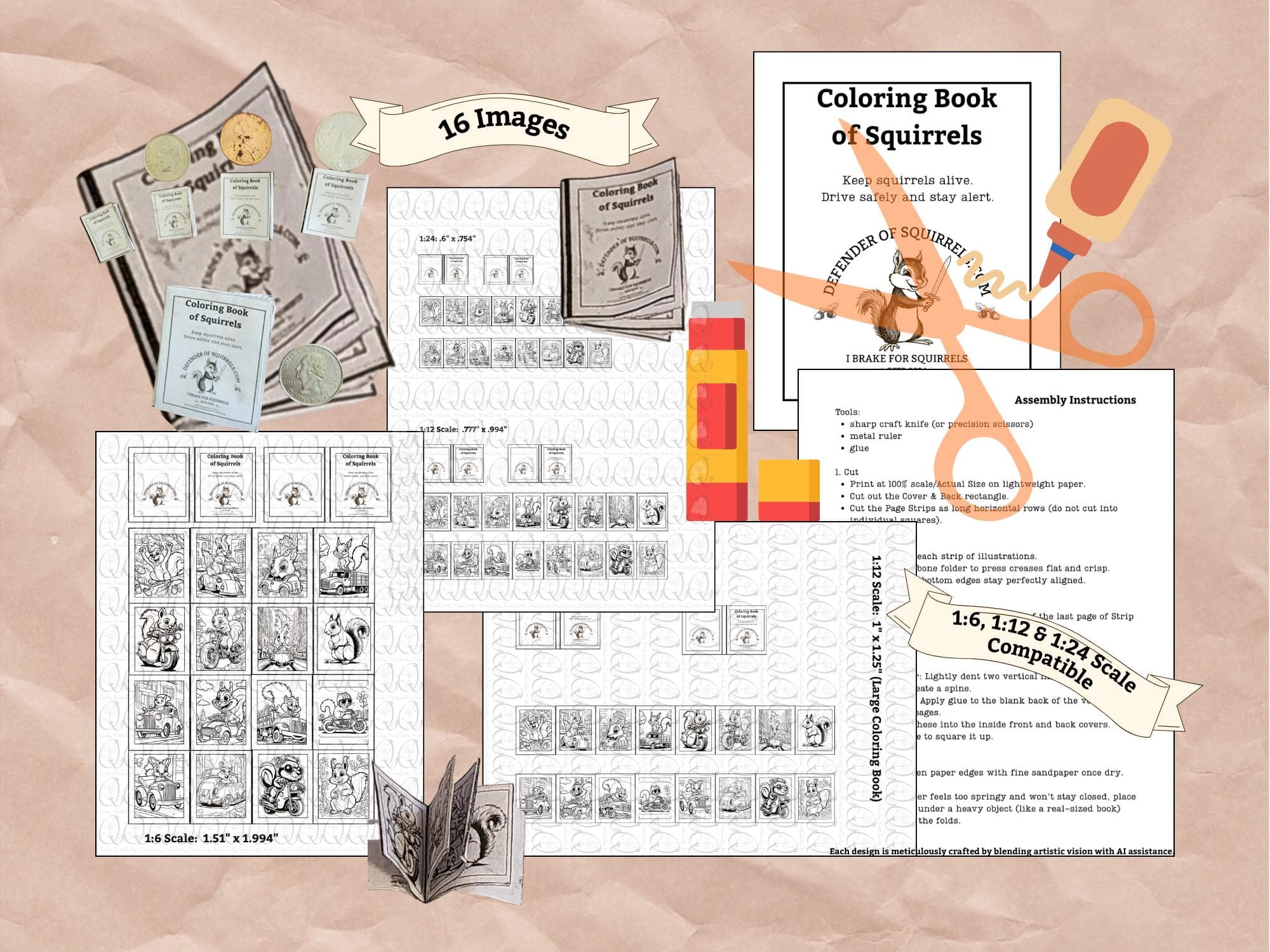 Miniature Squirrel Coloring Book Template, 1:12 Scale Dollhouse Printable, Tiny Squirrel Illustrations, Digital Download DIY Miniature Book