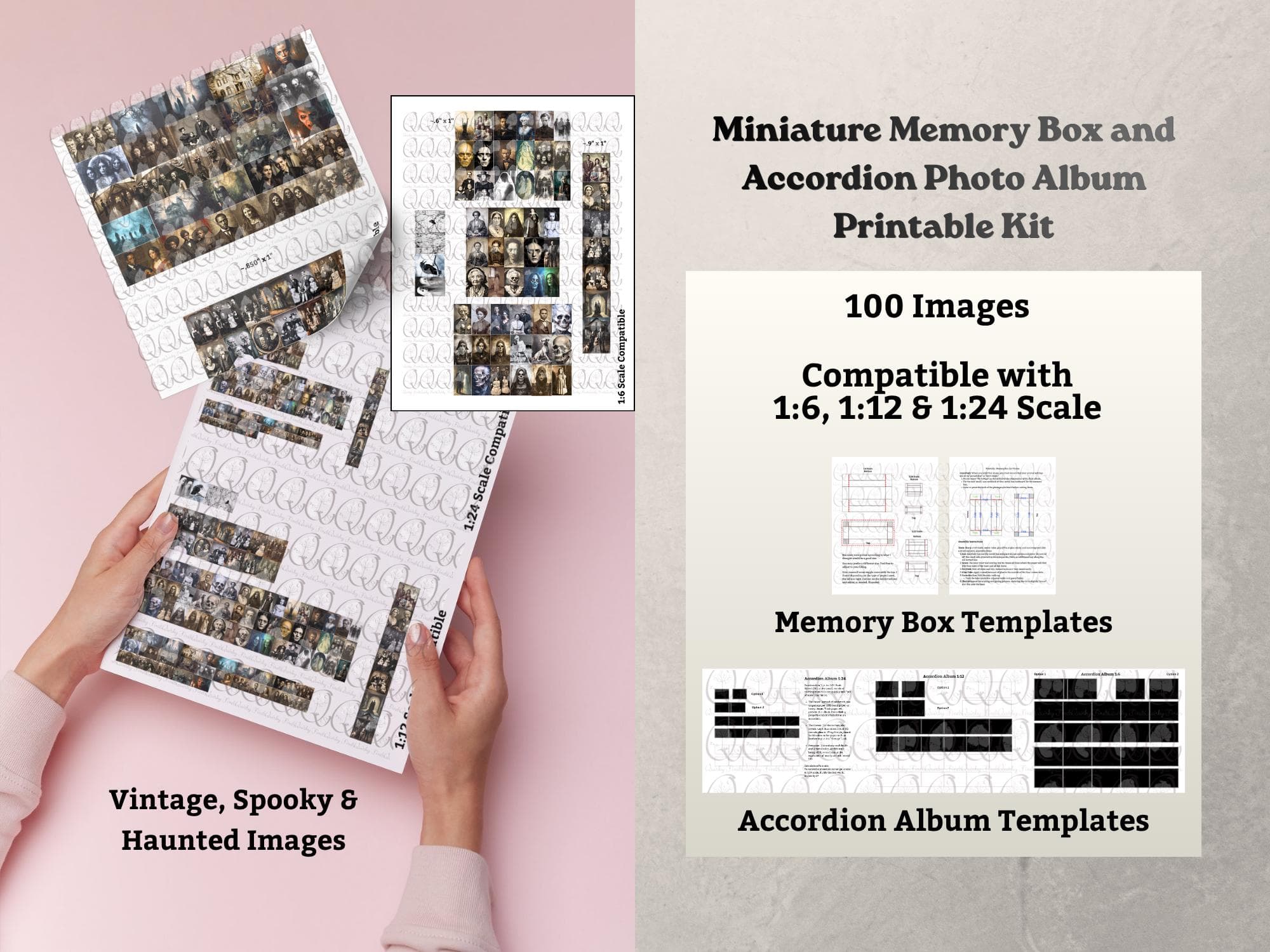 Miniature Scale Memory Box and Accordion Photo Album 100 Photographs Printable Kit, DIY Dollhouse Set Digital Download Spooky Haunted Theme
