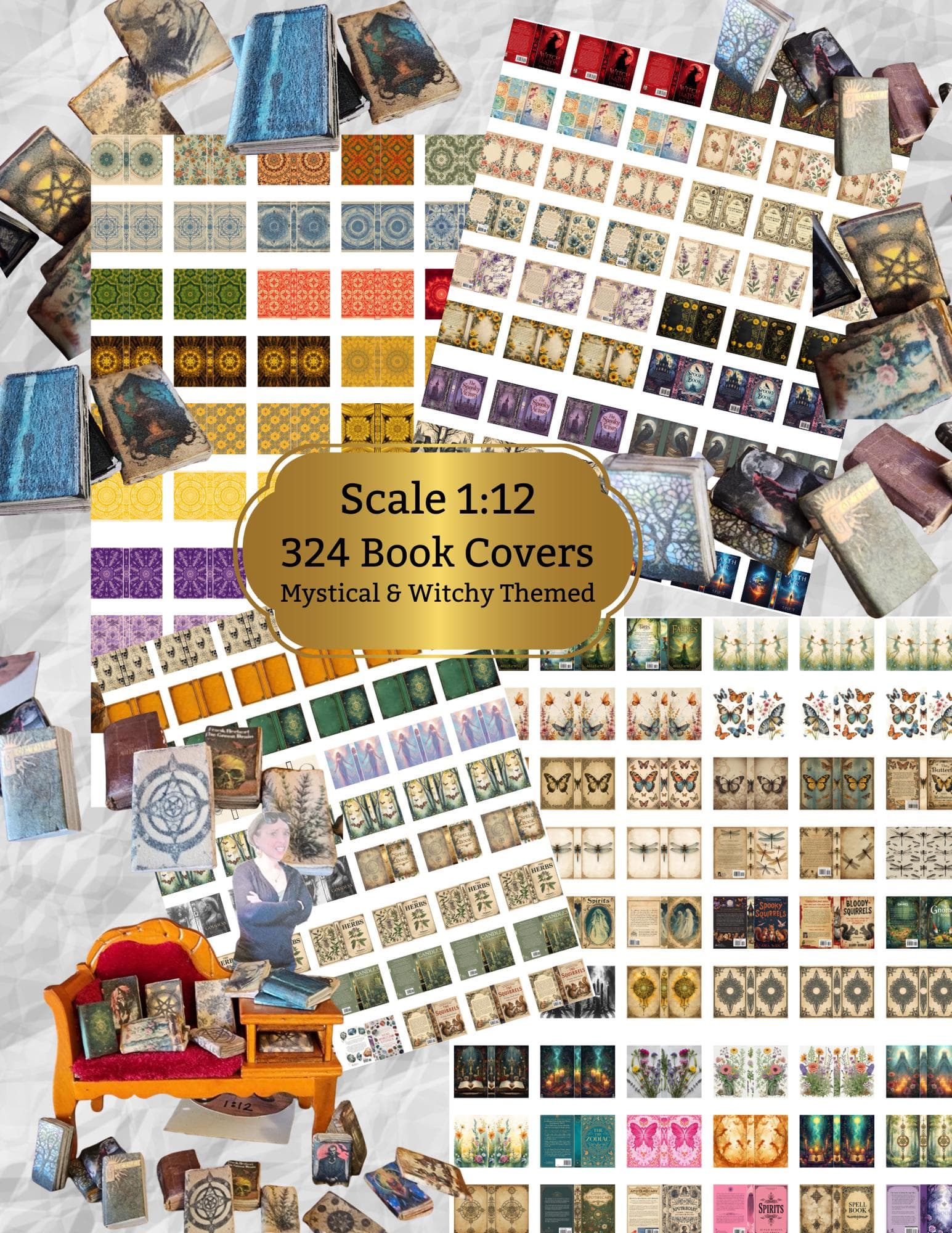 1:12 Scale Miniature Witchy Book Covers Dollhouse Diorama Book Nook Anxiety Bookcase Halloween Junk Journal Scrapbook Digital Download PDF