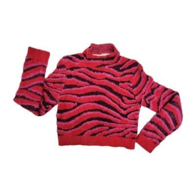 Forever 21 Pink Zebra Striped Sweater Scoop Back Mock Buttoned Neck Sz Large