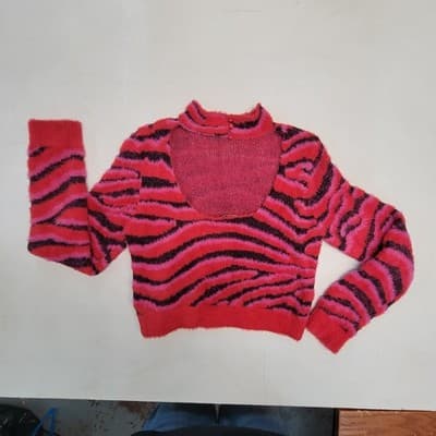 Forever 21 Pink Zebra Striped Sweater Scoop Back Mock Buttoned Neck Sz Large - Thumbnail 5