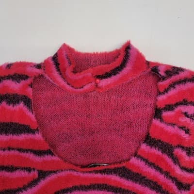 Forever 21 Pink Zebra Striped Sweater Scoop Back Mock Buttoned Neck Sz Large - Thumbnail 6