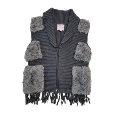 Romeo and Juliet Couture Womens Knit Vest Size MED Grey Faux Fur Patches Fringe