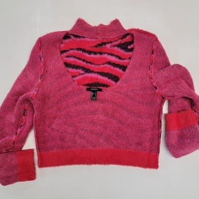 Forever 21 Pink Zebra Striped Sweater Scoop Back Mock Buttoned Neck Sz Large - Thumbnail 10