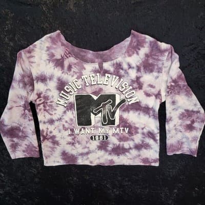 MTV Womens Cuff-Cut Modified Sweatshirt MED Purple Tie Dy Music Television 80s