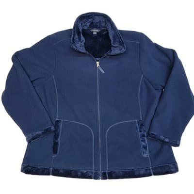 Lands End Womens 2X Jacket Dk Blue Full Zip Fleece Soft Inside Pile Turned Cuffs