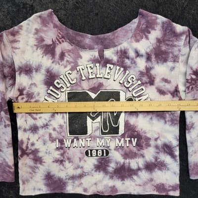 MTV Womens Cuff-Cut Modified Sweatshirt MED Purple Tie Dy Music Television 80s - Thumbnail 2