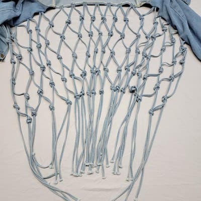 Womens LARGE Long Knotted Fringe Distressed Cropped Button Denim Jacket Rave - Thumbnail 6