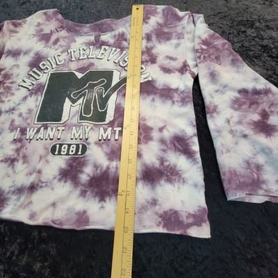 MTV Womens Cuff-Cut Modified Sweatshirt MED Purple Tie Dy Music Television 80s - Thumbnail 3