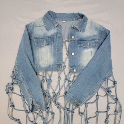 Womens LARGE Long Knotted Fringe Distressed Cropped Button Denim Jacket Rave - Thumbnail 2
