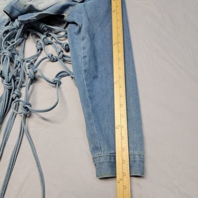 Womens LARGE Long Knotted Fringe Distressed Cropped Button Denim Jacket Rave - Thumbnail 9
