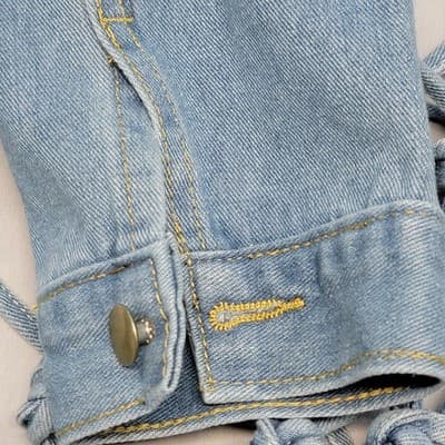 Womens LARGE Long Knotted Fringe Distressed Cropped Button Denim Jacket Rave - Thumbnail 3