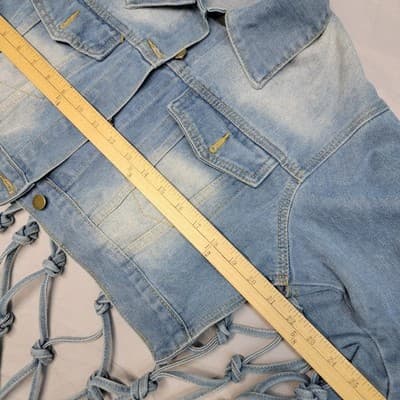 Womens LARGE Long Knotted Fringe Distressed Cropped Button Denim Jacket Rave - Thumbnail 7
