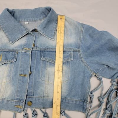 Womens LARGE Long Knotted Fringe Distressed Cropped Button Denim Jacket Rave - Thumbnail 8