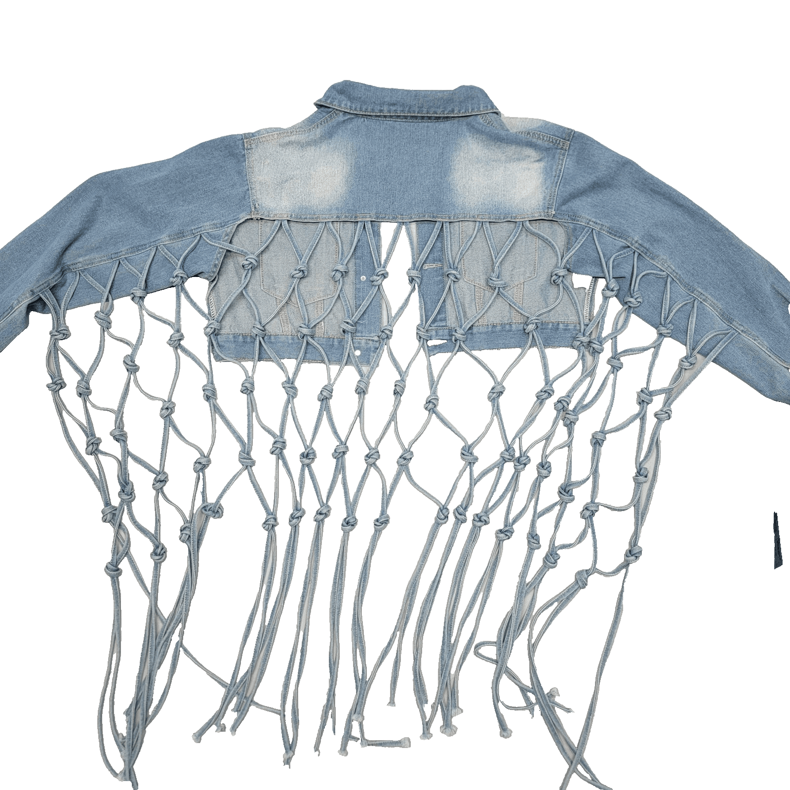 Womens LARGE Long Knotted Fringe Distressed Cropped Button Denim Jacket Rave - Thumbnail 10