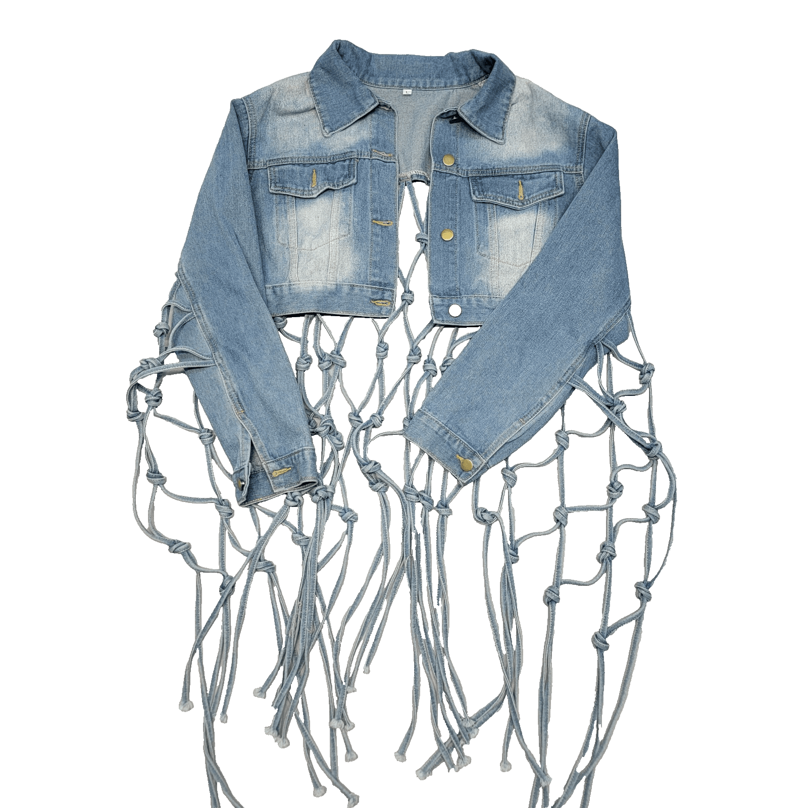 Womens LARGE Long Knotted Fringe Distressed Cropped Button Denim Jacket Rave