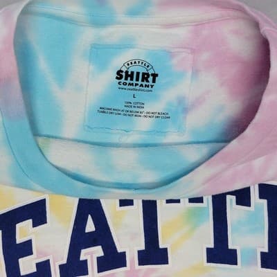 Seattle Shirt Co. Tie Dye Sweatshirt Large Pink Blue Yellow Swirl Crooked Logo - Thumbnail 3