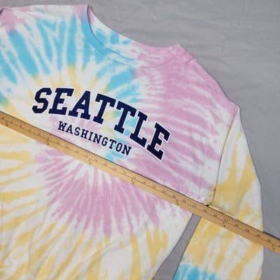 Seattle Shirt Co. Tie Dye Sweatshirt Large Pink Blue Yellow Swirl Crooked Logo - Thumbnail 6