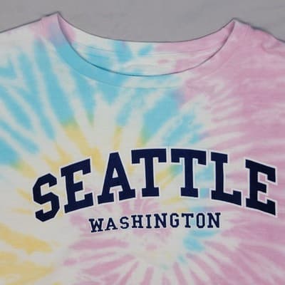 Seattle Shirt Co. Tie Dye Sweatshirt Large Pink Blue Yellow Swirl Crooked Logo - Thumbnail 2